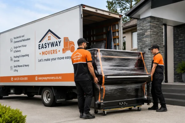 Professional specialty movers transporting a wrapped piano in Christchurch