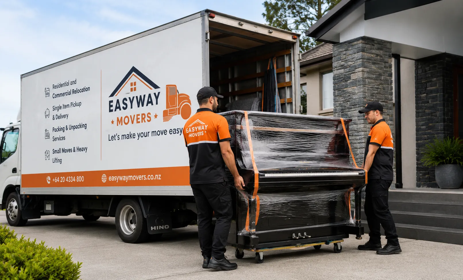 Professional specialty movers transporting a wrapped piano in Christchurch