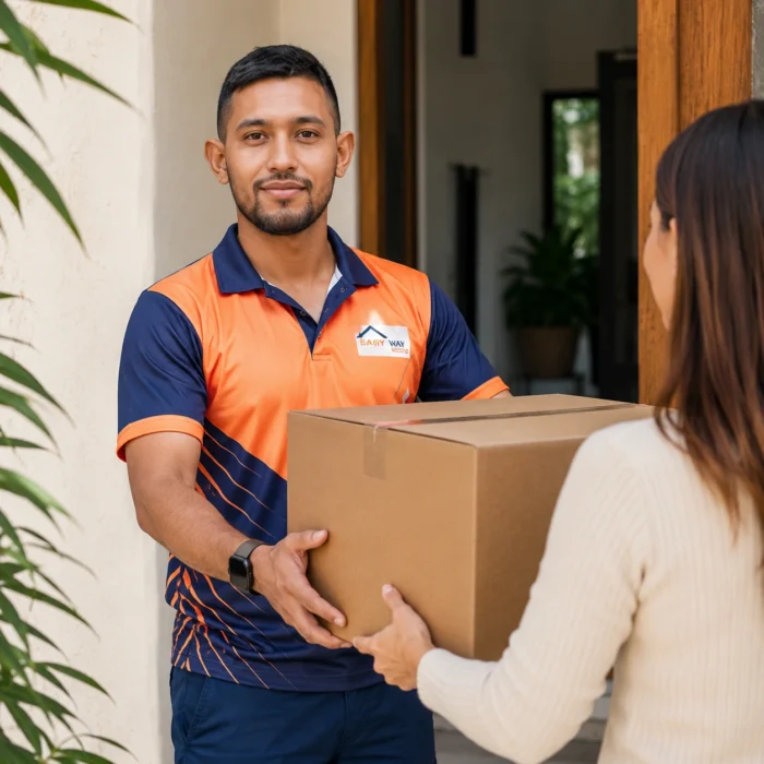 Easy Way Movers team member handing a moving box to a customer at their home